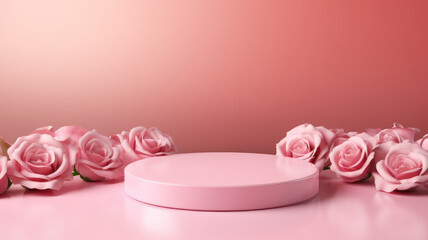 Blank podium with pink roses on pink background. Showcase for product, perfume, jewelry and cosmetic presentation