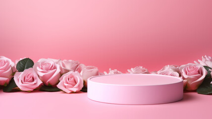 Blank podium with pink roses on pink background. Showcase for product, perfume, jewelry and cosmetic presentation