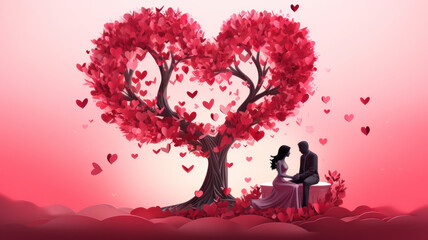 love and valentine day two enamored under a love tree,paper 3d from digital craft