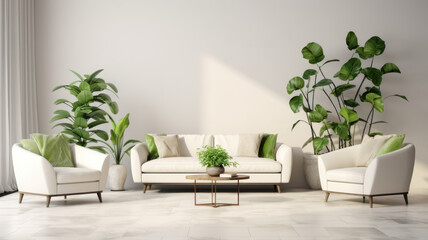 Interior of minimalist living room with green houseplants and sofas