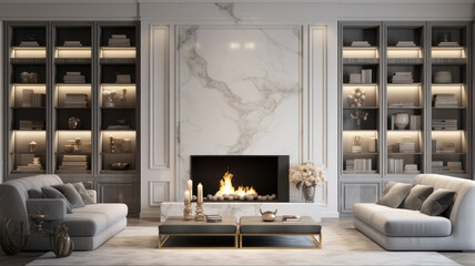 living room, marble wall fireplace and stylish bookcase to the ceiling in a chic expensive interior of a luxurious country house  a modern design wood and led light, gray furniturу - obrazy, fototapety, plakaty