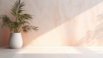Fototapeta na wymiar Minimalistic light background with blurred Monstera Deliciosa plant pot shadow on a light wall. Beautiful background for presentation with with marble floor