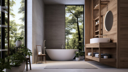 Modern bathroom interior with wooden decor in eco style
