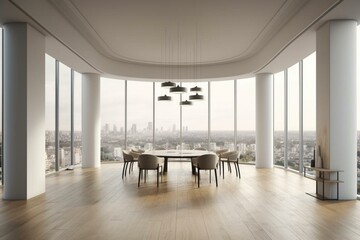Modern meeting room with columns, wood flooring, panoramic city view. Creative furniture arrangement. Generative AI
