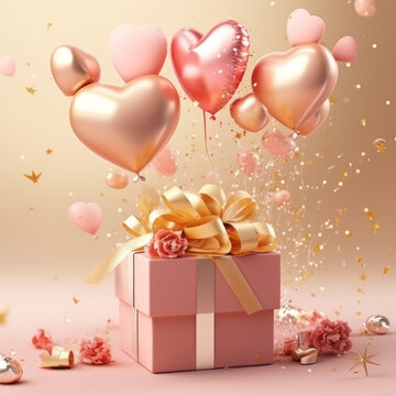 Romantic creative composition. Happy Valentine's Realistic 3d festive decorative objects, heart shaped balloons symbol, falling gift box, glitter