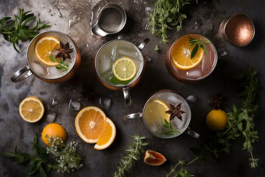 Top-down view of mixed drinks in metallic mugs with citrus fruit and herbs. Generative AI