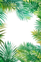 Fototapeta na wymiar green palm leaves forming a frame around a blank white space. It exudes a tropical vibe, with vibrant shades of green. The central area can be used for text or highlighting a subject. background