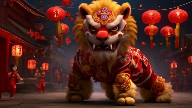 Chinese new year celebration in the night with 3d lion dance costume