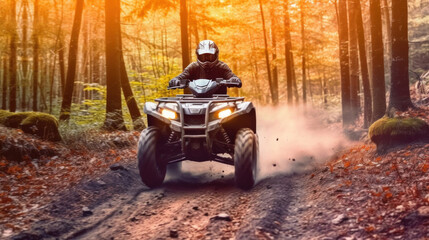 ATV speeding through forest.