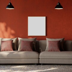 Empty square photo frame mockup hanging on brown wall interior