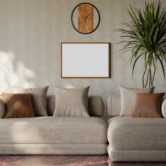 Empty landscape photo frame mockup hanging on white pattern wall interior