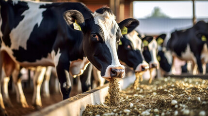 Obraz na płótnie Canvas Close up of Cows feeding on fodder in stable row.