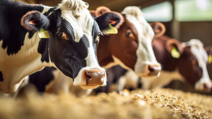 Close up of Cows feeding on fodder in stable row.
