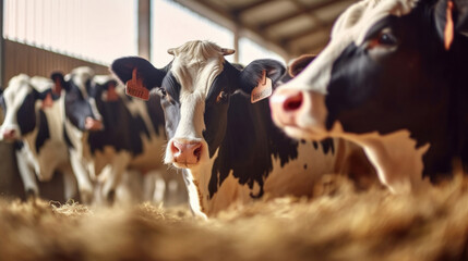 Close up of Cows feeding on fodder in stable row. - obrazy, fototapety, plakaty
