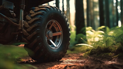 Fototapeta na wymiar Close up of the wheel of ATV through forest.