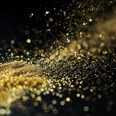 Golden glitter particles gold glitter shining on black background
