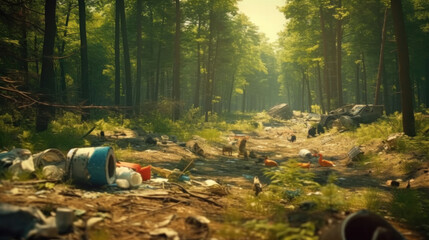 Fototapeta premium Garbage in beautiful forest. destroyed nature