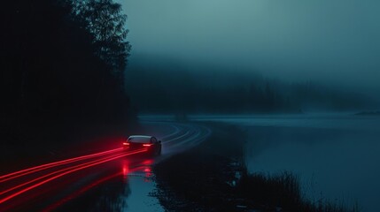 The camera pans over to a lone car making its way around the lake its taillights leaving a trail of red on the dark road. The stillness of the night adds a sense of calm an