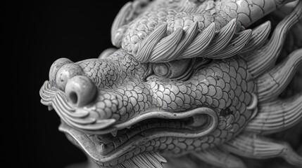 chinese dragon sculpture. black and white color of close up to a dragon. 