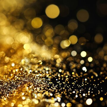 Golden glitter particles gold glitter shining on black background
