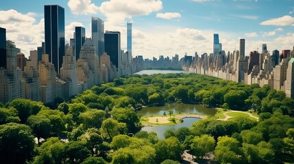 Obraz premium Aerial Helicopter Footage Over Central Park with Nature, Trees, People