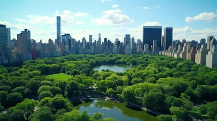 Obraz premium Aerial Helicopter Footage Over Central Park with Nature, Trees, People