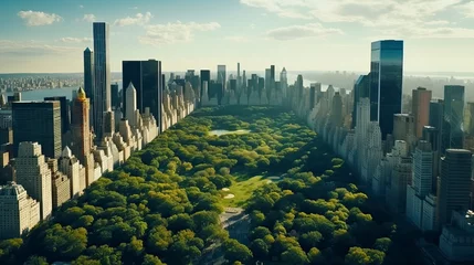 Papier Peint photo Etats Unis Aerial Helicopter Footage Over Central Park with Nature, Trees, People