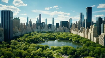 Obraz premium Aerial Helicopter Footage Over Central Park with Nature, Trees, People