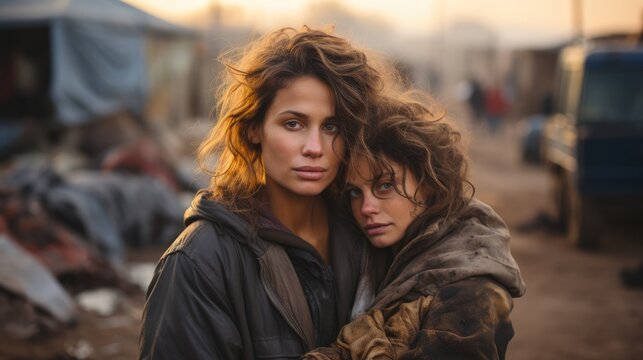 spanish homeless sad woman holding baby in her arms in refugee camp.