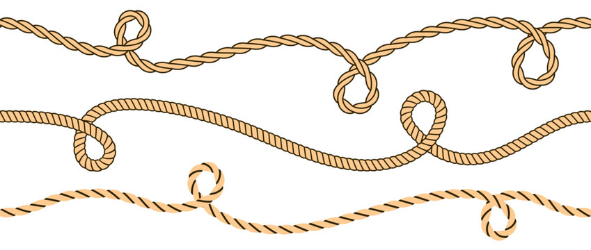 Wave rope curve set. Repeating hemp cord stripes collection. Wavy loop tie braid bundle. Seamless brown plait pattern. Vector marine twine design elements for banner, poster, frame, border