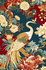 classic chinoiseries auspicious bird painting with flower illustration background - obrazy, fototapety, plakaty