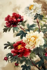 Behang luxury chinoiseries with red and cream peonies flower branches with leaves illustration © Wipada