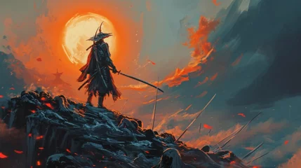 Rolgordijnen Samurai sunset wallpaper digital painting © Hassan