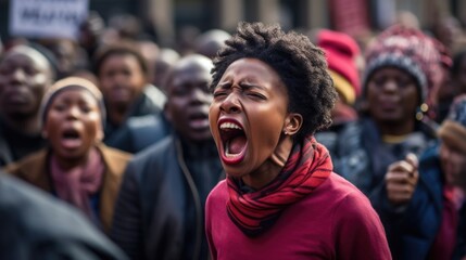 African American woman screams at a protest. Fight for your rights, demonstration and strike.