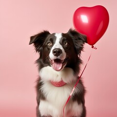 Adorable border collie dog with hear shape balloon isolated. love and romance, valentine's day concept.