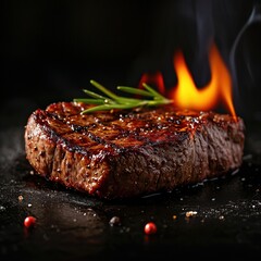 A delicious piece of steak on a black background with flame special effects, generative ai