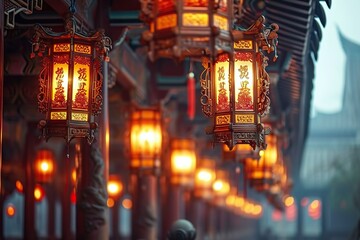 Obraz premium Illuminated Traditional Chinese Lanterns Adorning a Temple, Creating a Mystical and Serene Atmosphere at Dusk