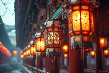 Fototapeta na wymiar Illuminated Traditional Chinese Lanterns Adorning a Temple, Creating a Mystical and Serene Atmosphere at Dusk