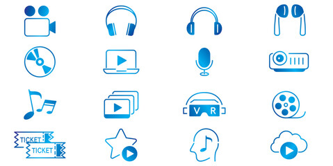 Content line icons editable set vector. Music Camera Audio Dj Piano Video Media Microphone Webcam Television Earphones Cinema