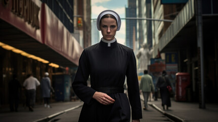 Fototapeta premium A young Catholic nun walks along a city street. Religion and culture.