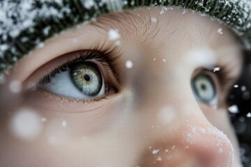 close up portrait of a kid with snowflakes