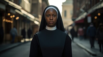 A young Catholic nun walks along a city street. Religion and culture. - obrazy, fototapety, plakaty