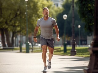 An elderly man leads an active lifestyle and goes jogging in nature. Healthy lifestyle. Happy old age and retirement.