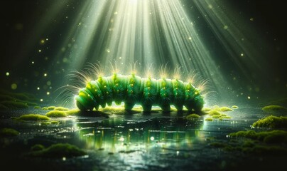 a vibrant green caterpillar in a mystical setting background - obrazy, fototapety, plakaty