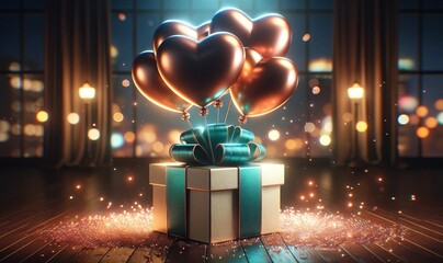 a romantic scene featuring a gift box with a shiny teal ribbon - obrazy, fototapety, plakaty