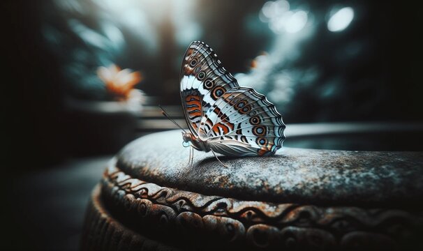  butterfly resting on a curved stone background