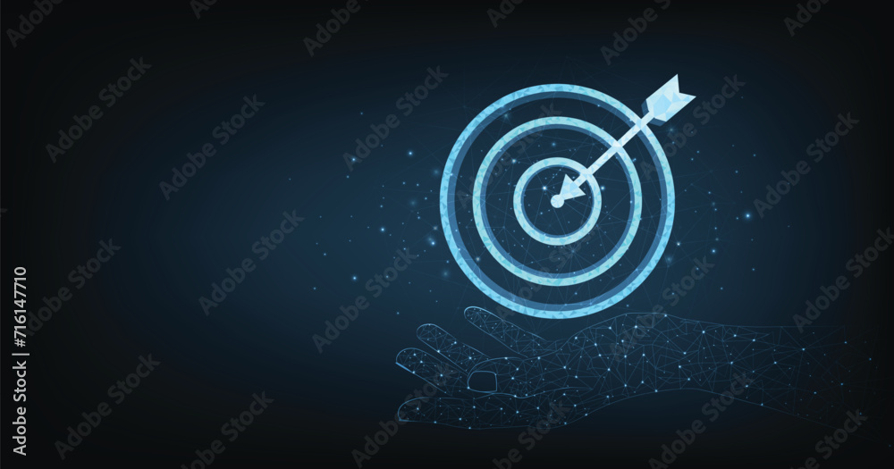 Leinwandbilder Set up objectives and targets for business investment concepts. The blue round-shaped target consisting of polygons with a thin arrow represents setting goals correctly on a dark background