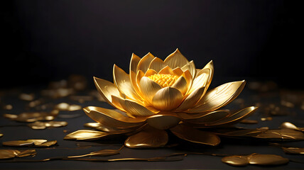 Naklejka na ściany i meble Golden lotus flower, black background. Ai generated