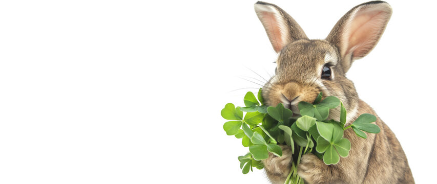 Whimsical St. Patrick's Day Delight: Bunny Rabbit Bliss with Green Shamrocks For March 17.  White Background.