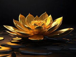 Naklejka na ściany i meble Golden lotus flower, black background. Ai generated